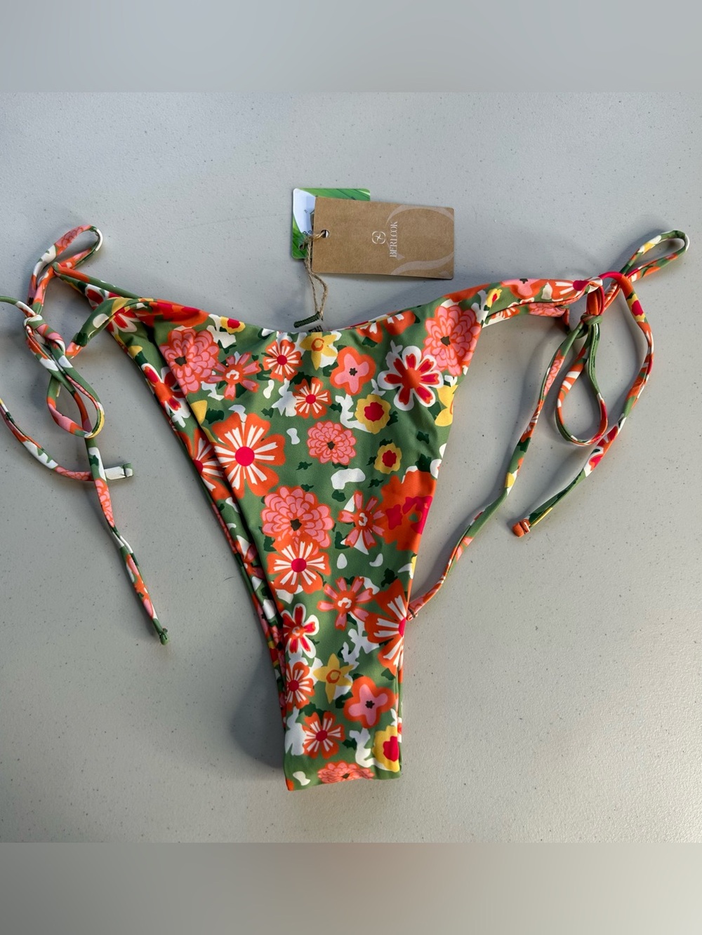 Berlook Bikini Bottom XL Floral Orange Green Tie Bottom New Swimwear